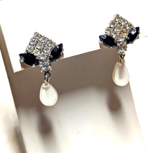 Vintage Black & Clear Rhinestone Faux Pearl Drop Pierced Earrings - Picture 1 of 7